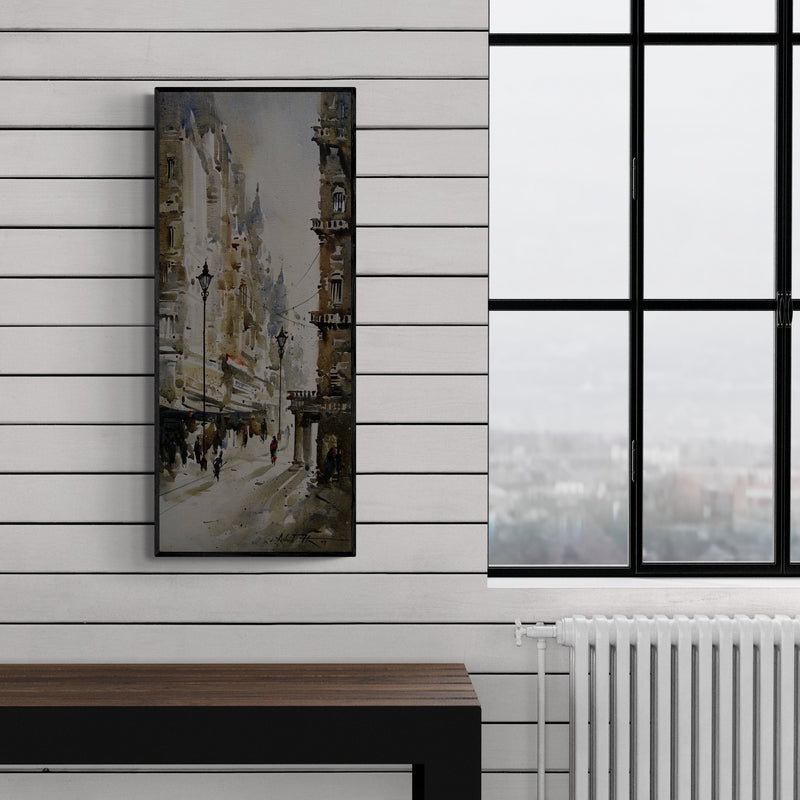 Preview of 'Kolkata Streets 2 (Dawn in Kolkata)' Painting by Ashif Hossain shown on a wall in a furnished room.