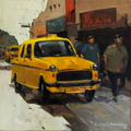 Kolkata Yellow Taxi' cityscape acrylic painting by artist Subrata Malakar, 12x12 inch, on canvas
