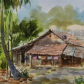 Cityscape watercolor painting titled 'Konkan', 12x16 inches, by artist Ashwin Khapare on Paper
