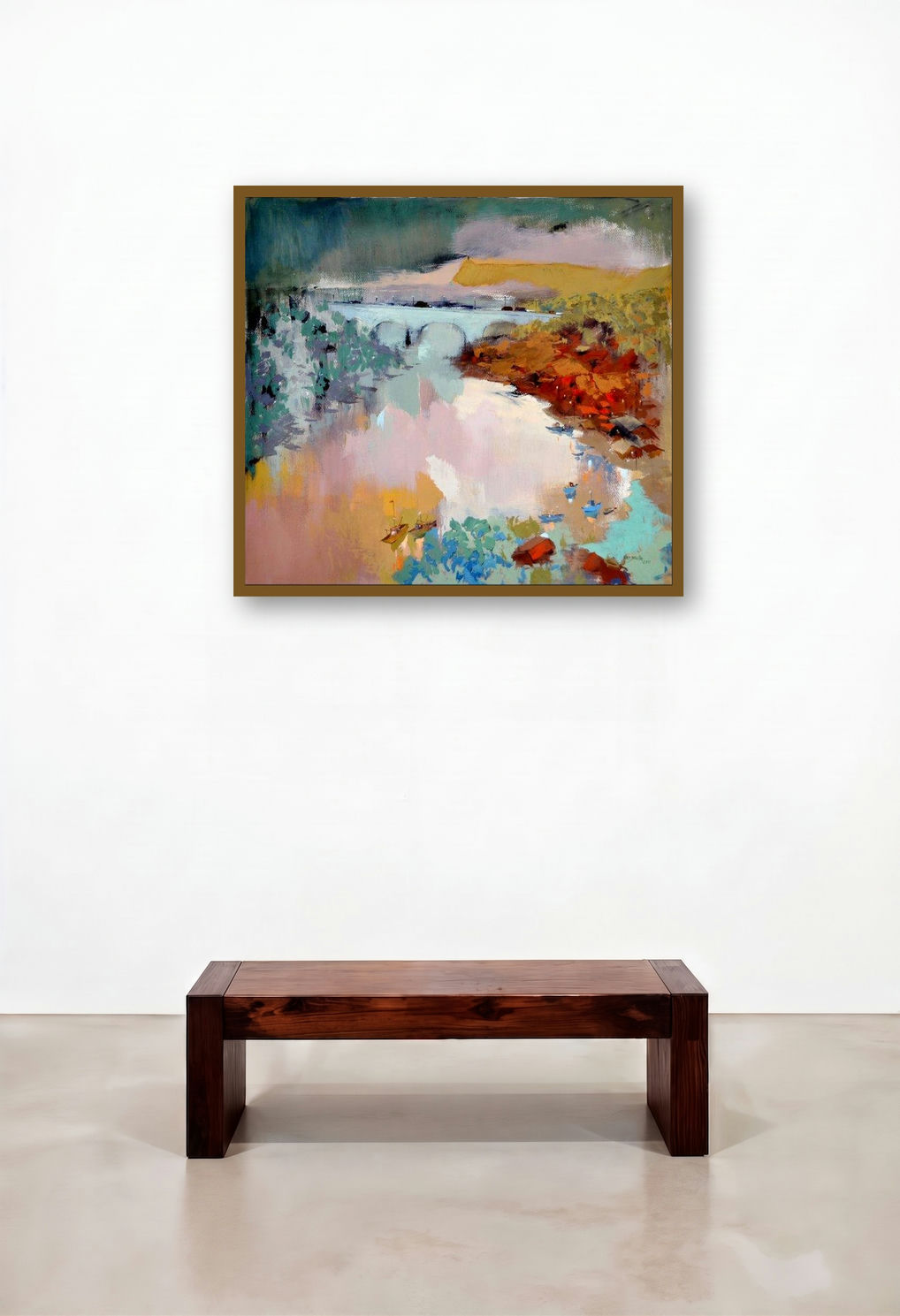 Konkan I (Riverside Harmony) by artist Sikandar Mulla displayed in a Coastal Dining Room