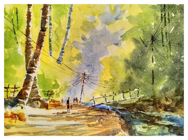 Landscape watercolor painting titled 'Konkan Morning', 14x10 inches, by artist Soven Roy on Handmade Paper