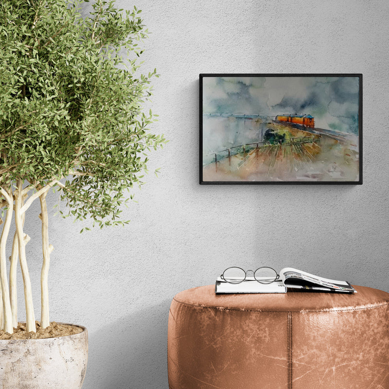 In-situ view of Asit Singh's 'Konkan Rail' painting in a room