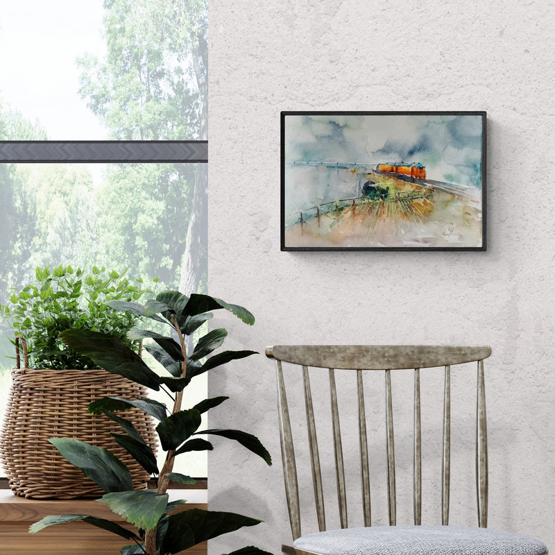 Preview of 'Konkan Rail' Painting by Asit Singh shown on a wall in a furnished room.