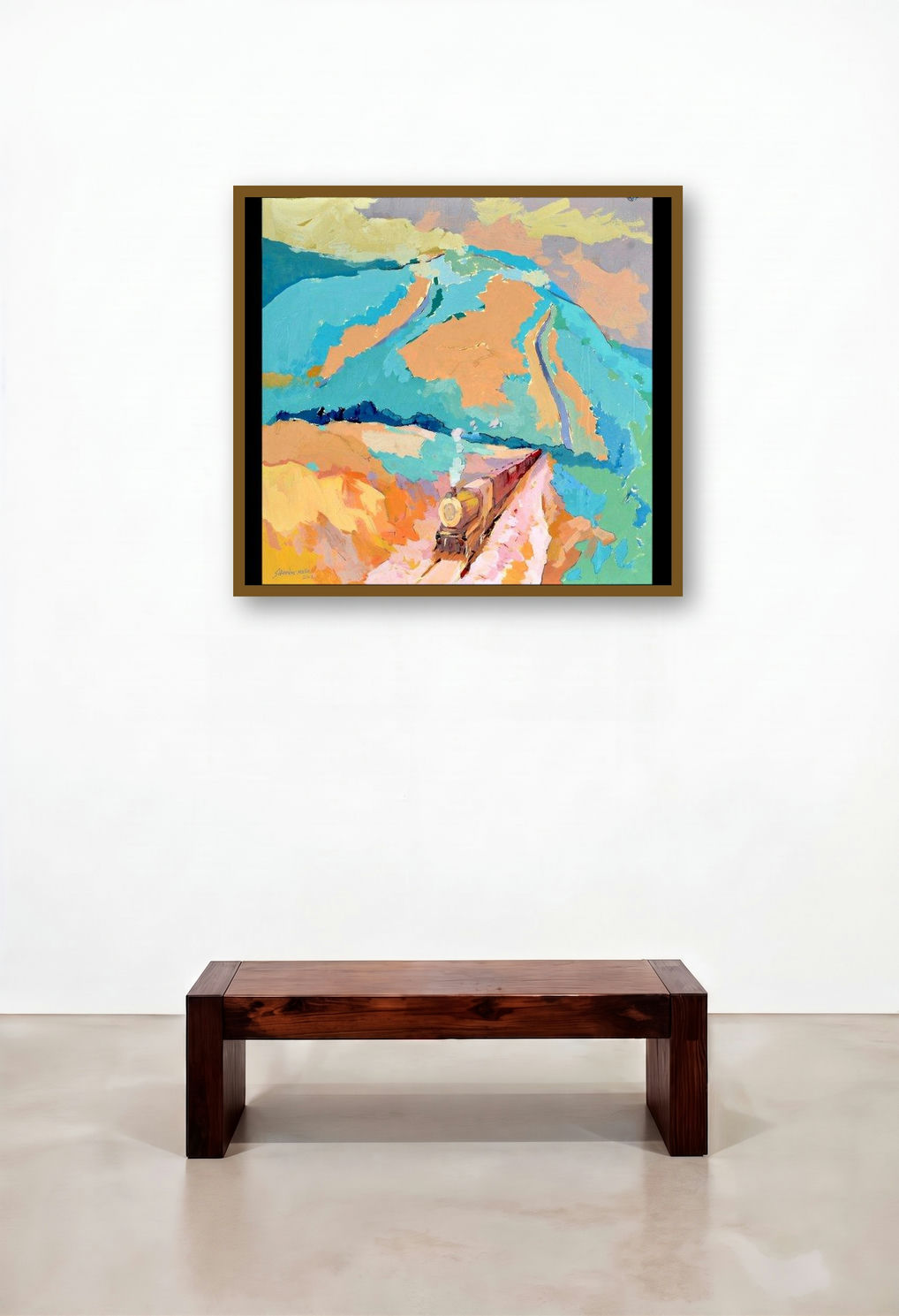 Konkan Vii (Mountain Train) by artist Sikandar Mulla displayed in a Japandi Living Room