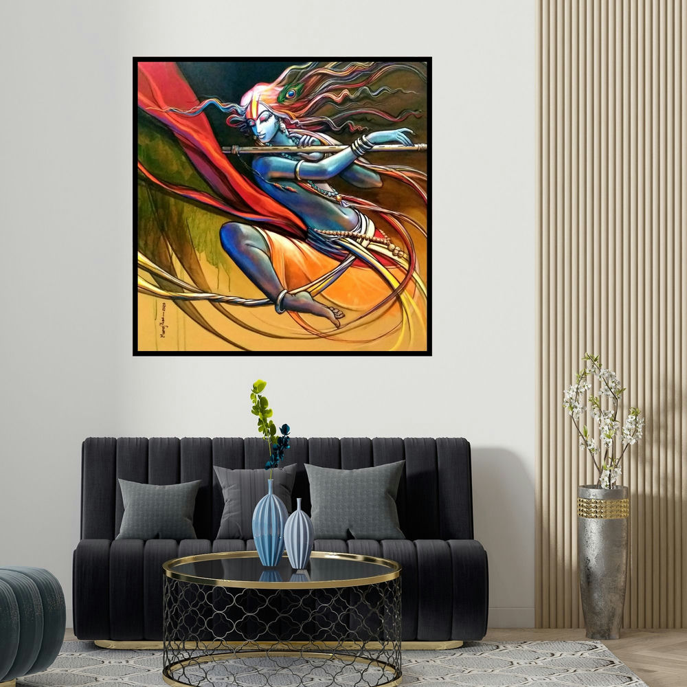 Manoj Das's 'Krishna 2 (Krishna Flute Melody)' painting visualized above a sofa in a contemporary room.