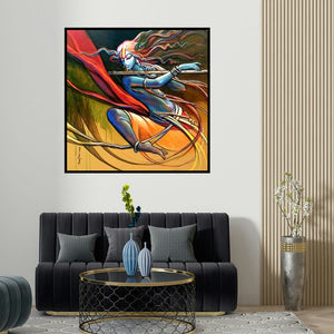 Manoj Das's 'Krishna 2 (Krishna Flute Melody)' painting visualized above a sofa in a contemporary room.