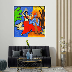 Chetan Katigar's 'The Krishna 3' painting visualized above a sofa in a contemporary room.