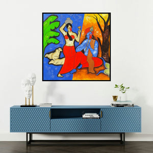 'The Krishna 3' painting by Chetan Katigar shown on a wall in a furnished room.
