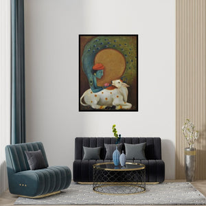 Preview of 'Krishna (Krishna with Cow and Peacock)' Painting by Durshit Bhaskar shown on a wall in a furnished room.