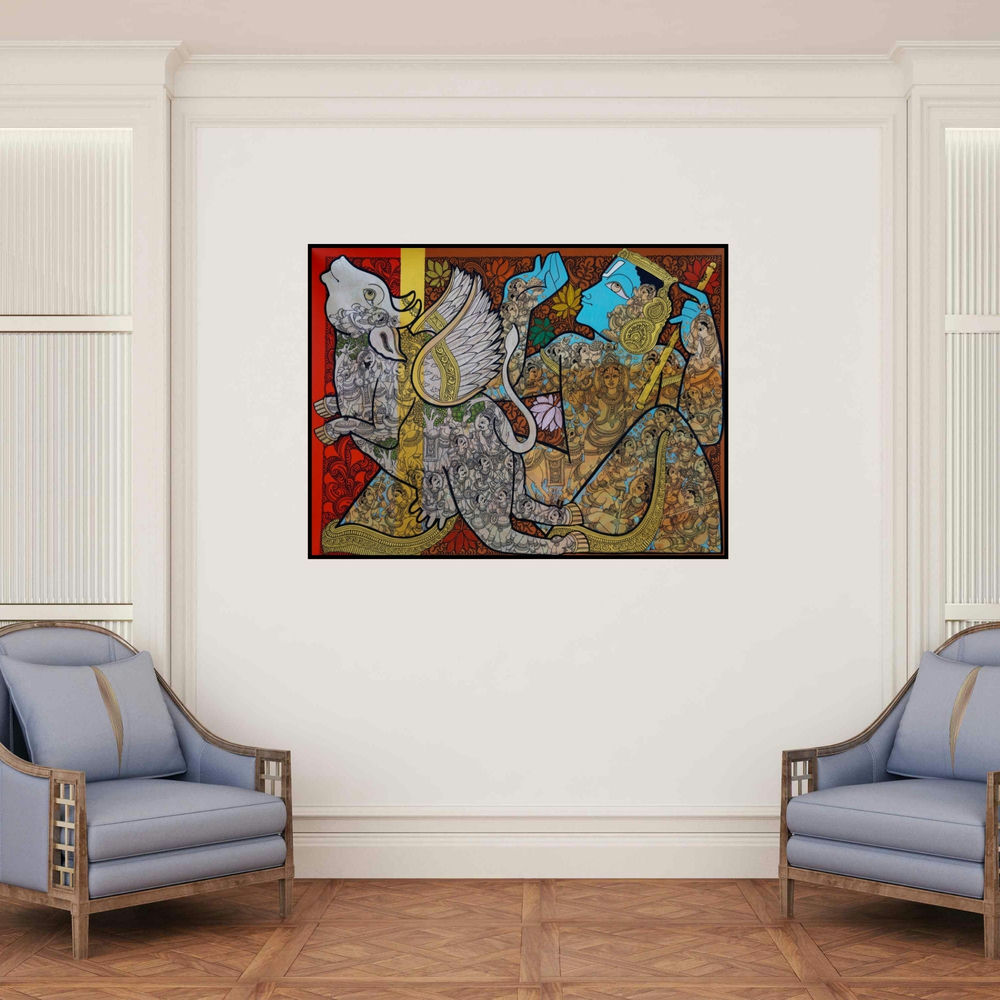 'Krishna (Divine Cowherd)' painting by Ramesh Gorjala shown on a wall in a furnished room.