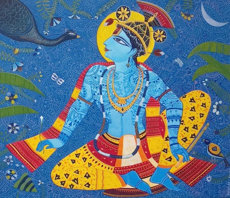 Religious acrylic painting titled 'Krishna', 36x30 inches, by artist Bhaskar Lahiri on Canvas