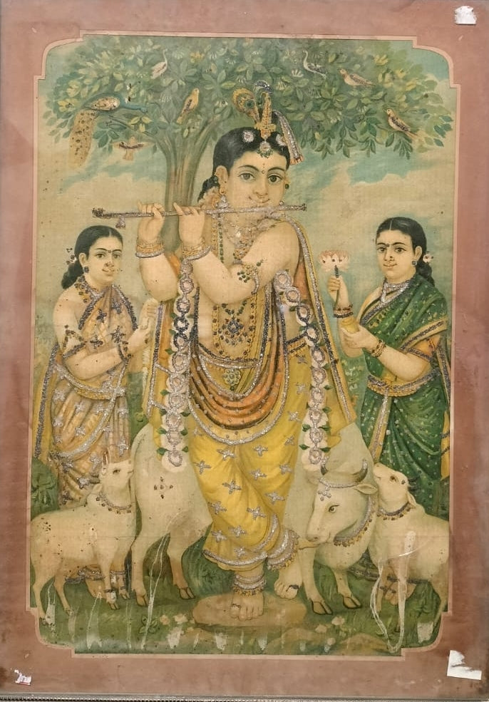 Krishna' religious oleograph painting by artist Raja Ravi Varma, 25x19 inch, on paper
