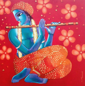 Krishna 6 (Divine Flute) by Sekhar Roy, Original Acrylic Figurative Painting on Canvas, Large Square Wall Art