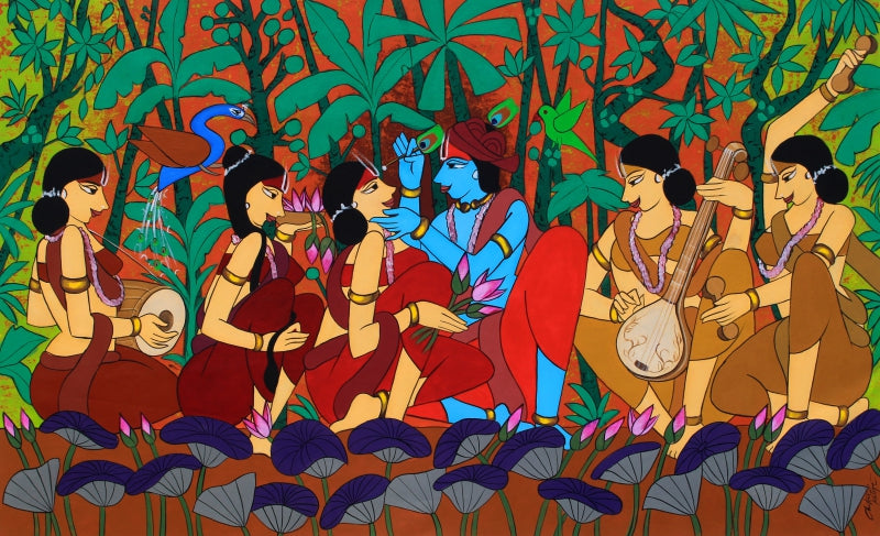 Krishna Adorning Radha' religious acrylic painting by artist Chetan Katigar, 38x63 inch, on canvas