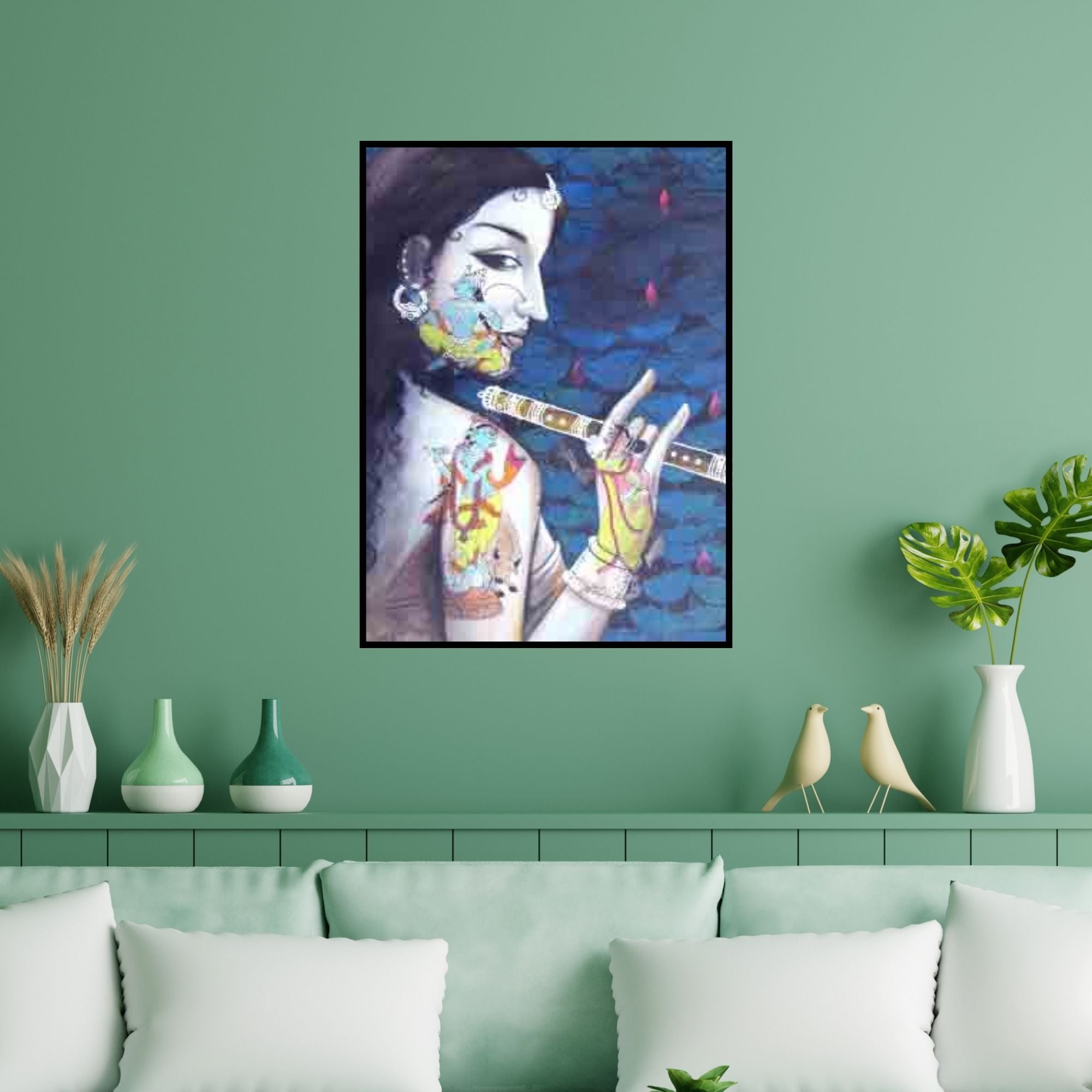 Preview of 'Krishna All Around' Painting by Pradeep Swain shown on a wall in a furnished room.