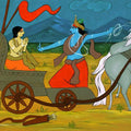 Religious acrylic painting titled 'Krishna And Arjuna', 33x56 inches, by artist Chetan Katigar on Canvas