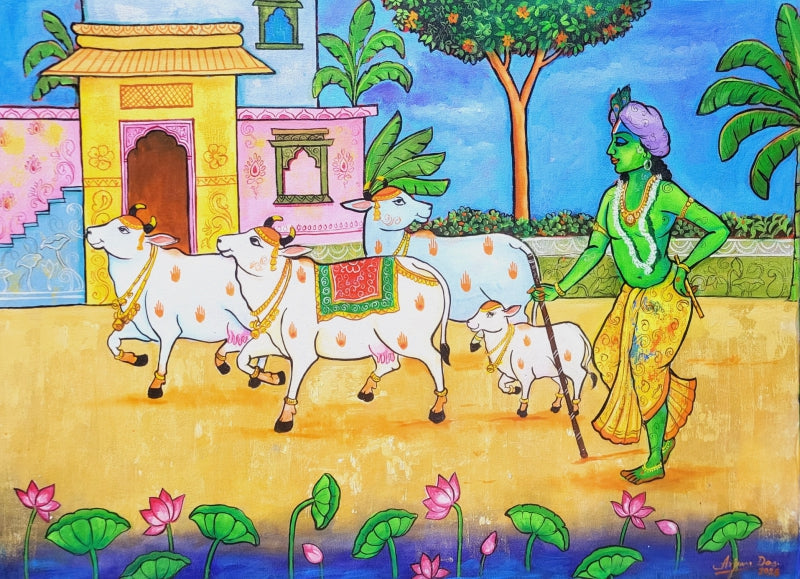 Krishna And Cow' religious acrylic painting by artist Arjun Das, 30x40 inch, on canvas