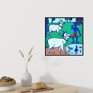 In-situ view of Madhvi Parekh's 'Krishna And Cows (Krishna and Cows)' painting in a room