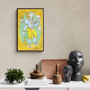 Preview of 'Varaha Avatar (Vishnu's Varaha Avatar)' Painting by Manisha Srivastava shown on a wall in a furnished room.