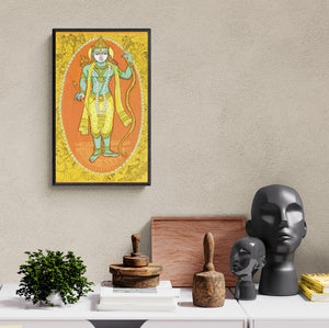 Preview of 'Rama Avatar (Vishnu's Rama Avatar)' Painting by Manisha Srivastava shown on a wall in a furnished room.