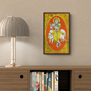Preview of 'Krishna Avatar (Krishna Govinda)' Painting by Manisha Srivastava shown on a wall in a furnished room.