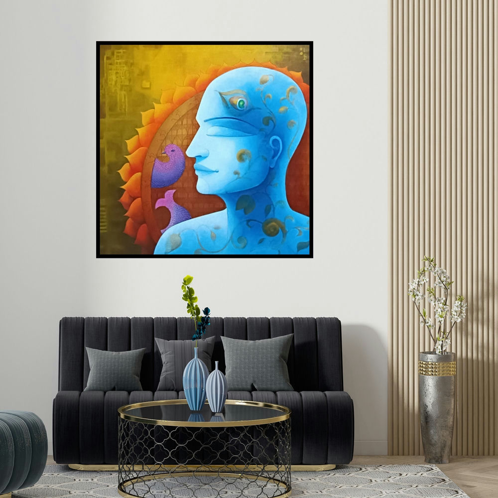 Anjali Surana's 'Krishna Bhakti (The Third Eye)' painting visualized above a sofa in a contemporary room.