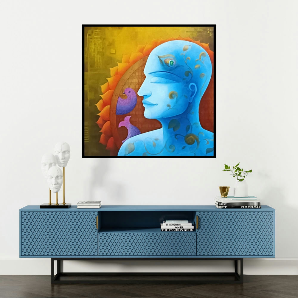 'Krishna Bhakti (The Third Eye)' painting by Anjali Surana shown on a wall in a furnished room.