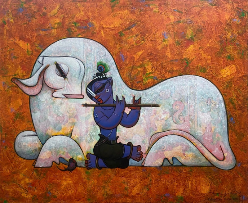 Krishna With Cow' religious acrylic painting by artist Ramesh Gujar, 51x62 inch, on canvas