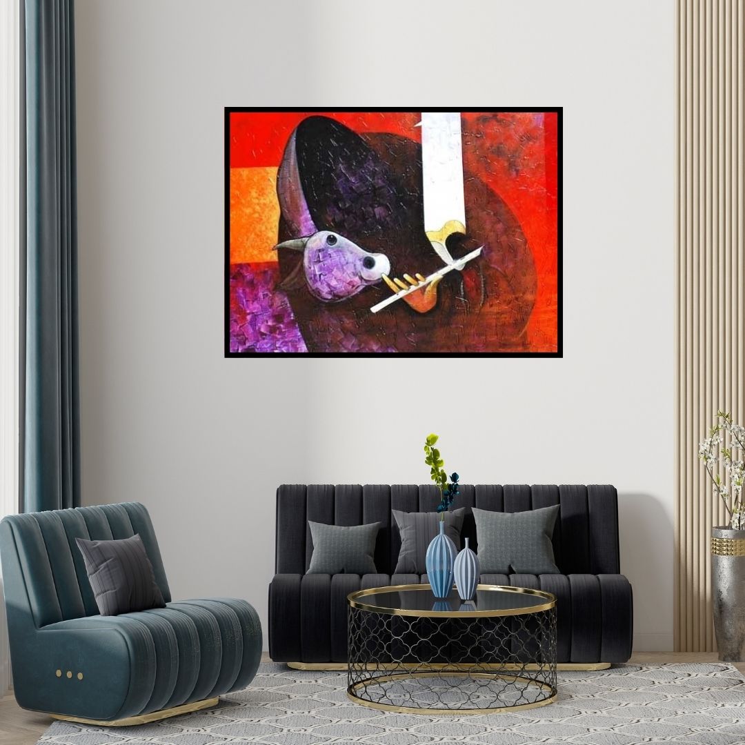 Preview of 'Krishna With The Cow (Crimson Harmony: The Flutes Enchantment)' Painting by Narayan Shelke shown on a wall in a furnished room.