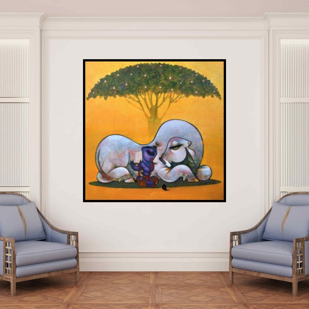 In-situ view of Ramesh Gujar's 'Krishna With Cow Under The Tree (Peaceful Repose)' painting in a room