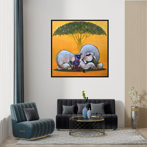 Preview of 'Krishna With Cow Under The Tree (Peaceful Repose)' Painting by Ramesh Gujar shown on a wall in a furnished room.