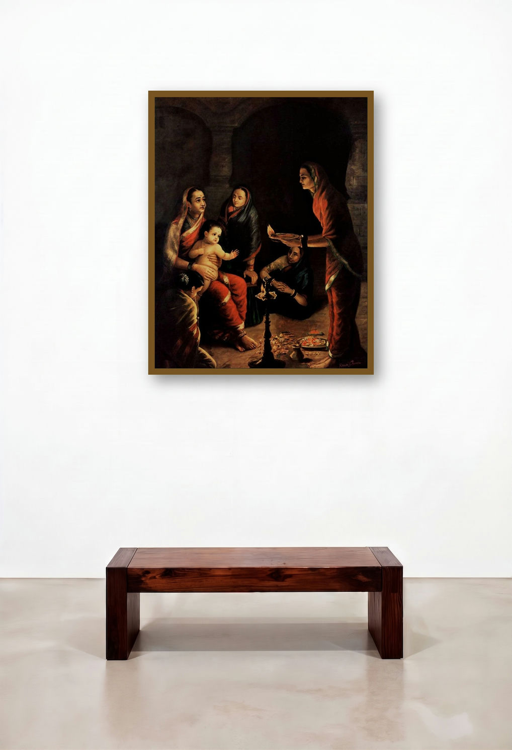 Krishna Drista (The Royal Swan and the Enchanted Princess) by artist Raja Ravi Varma displayed in a Art Deco Reception Area