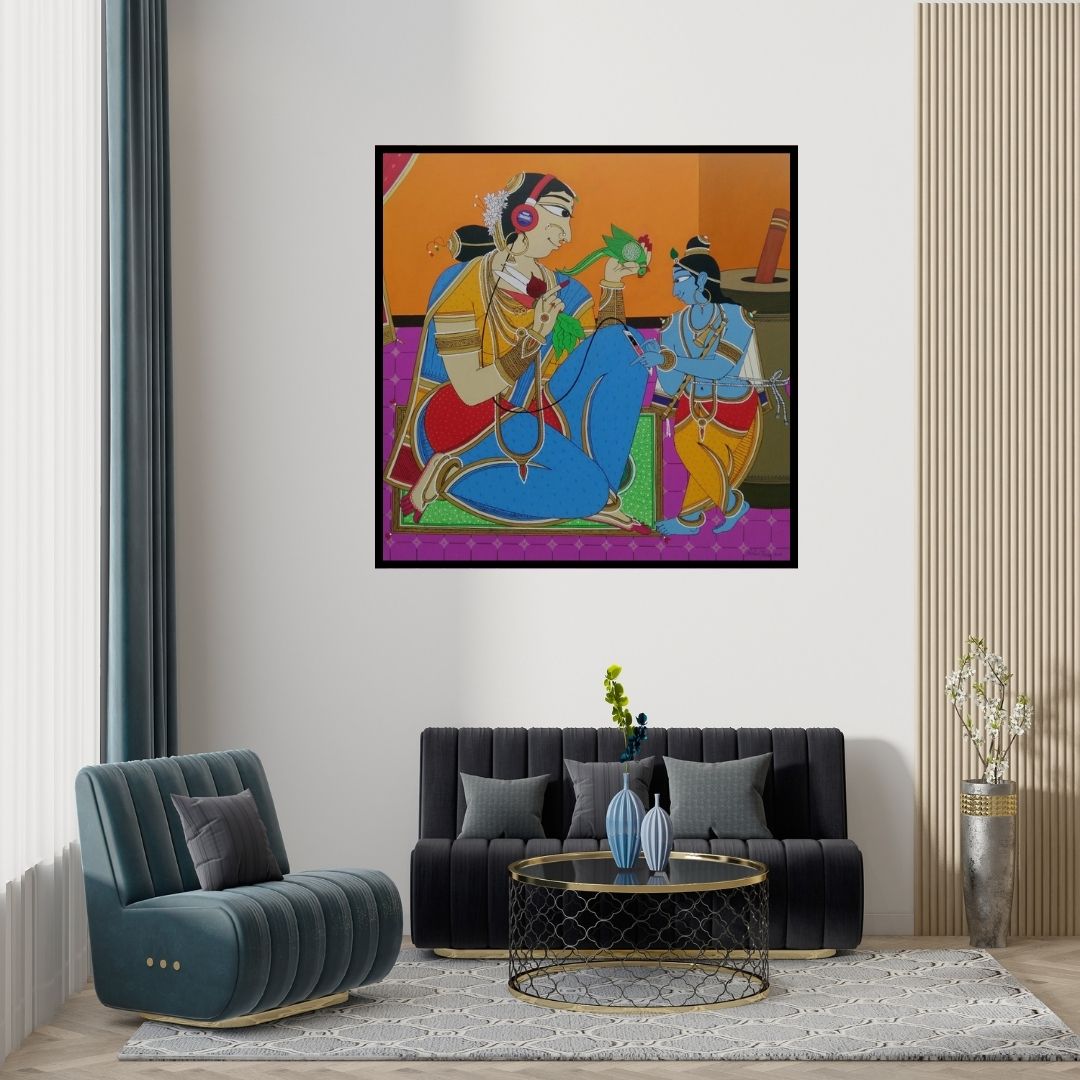 Preview of 'Krishna Finding A Song' Painting by Shahed Pasha shown on a wall in a furnished room.