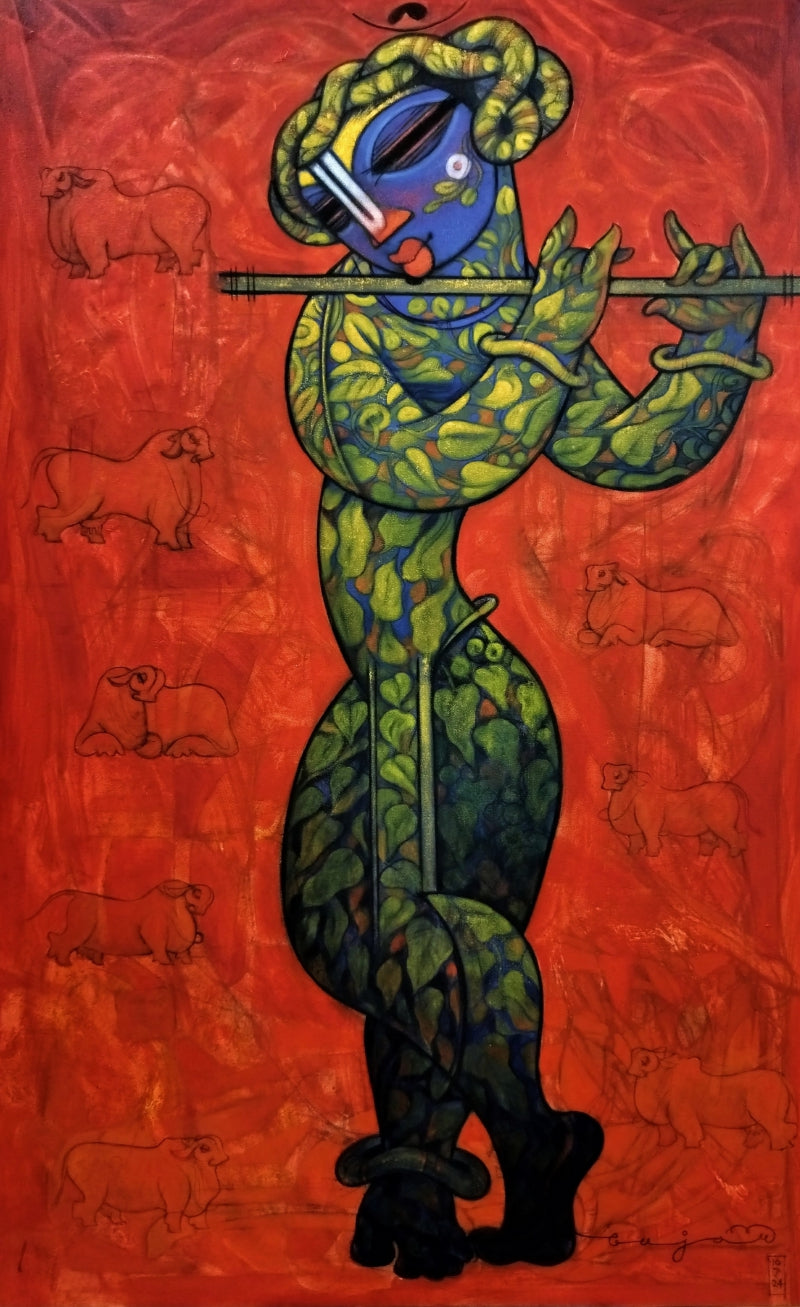Krishna With Flute' religious acrylic painting by artist Ramesh Gujar, 60x36 inch, on canvas