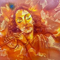 Religious oil painting titled 'Krishna Flute and Music Rhythm', 33x73 inches, by artist Prince Chand on Canvas