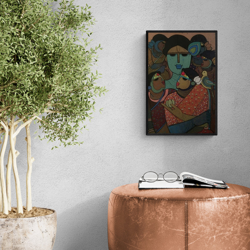 Preview of 'Krishna With Gopika (Divine Dance)' Painting by Priyanka Chivte shown on a wall in a furnished room.