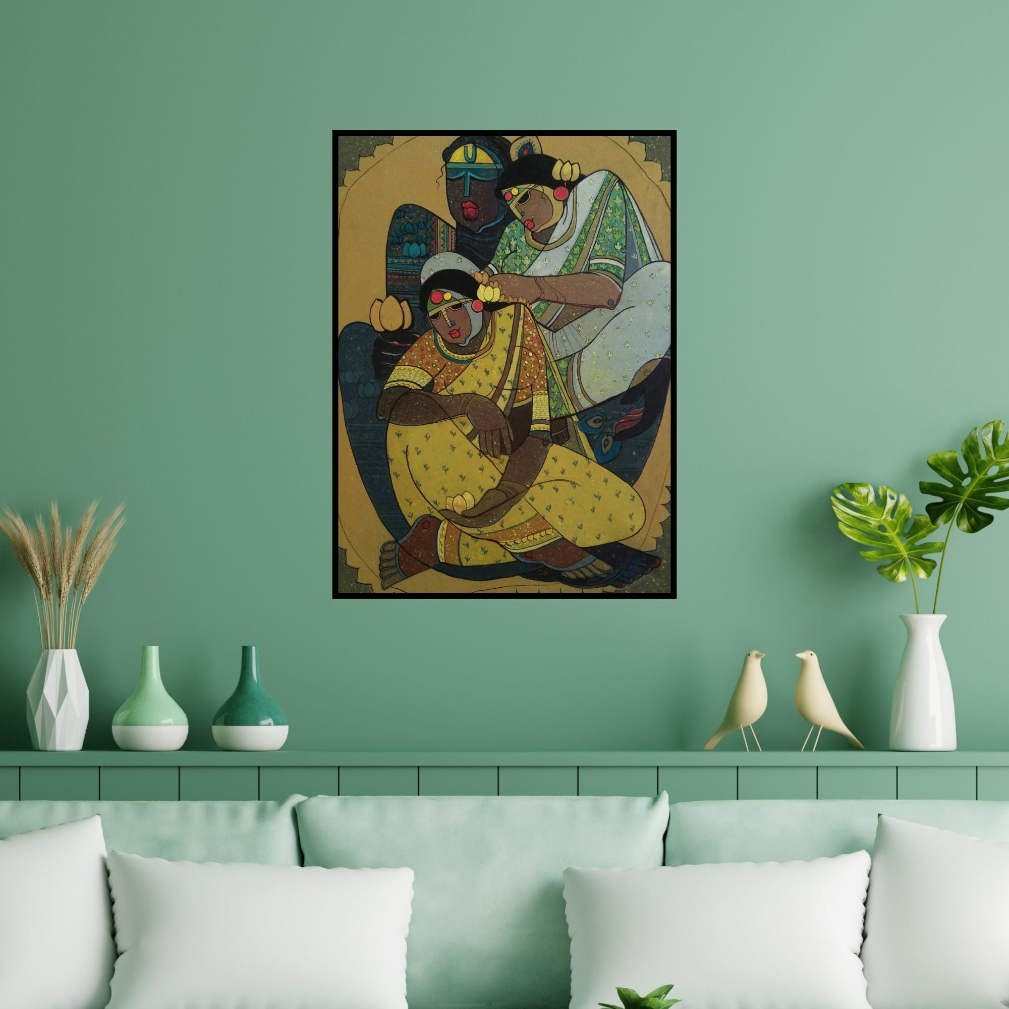 Preview of 'Krishna With Gopika (Goddesses in Contemplation)' Painting by Priyanka Chivte shown on a wall in a furnished room.
