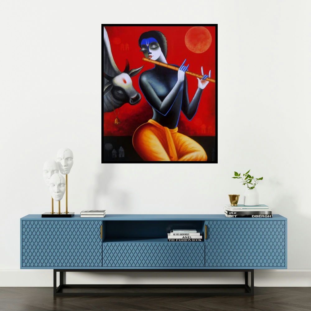 Santosh Chattopadhyay's 'Krishna With His Friend' painting visualized above a sofa in a contemporary room.