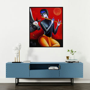 Santosh Chattopadhyay's 'Krishna With His Friend' painting visualized above a sofa in a contemporary room.