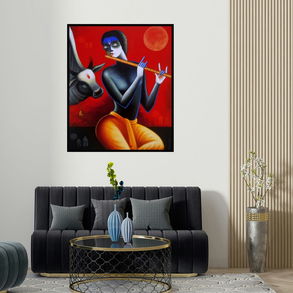 'Krishna With His Friend' painting by Santosh Chattopadhyay shown on a wall in a furnished room.