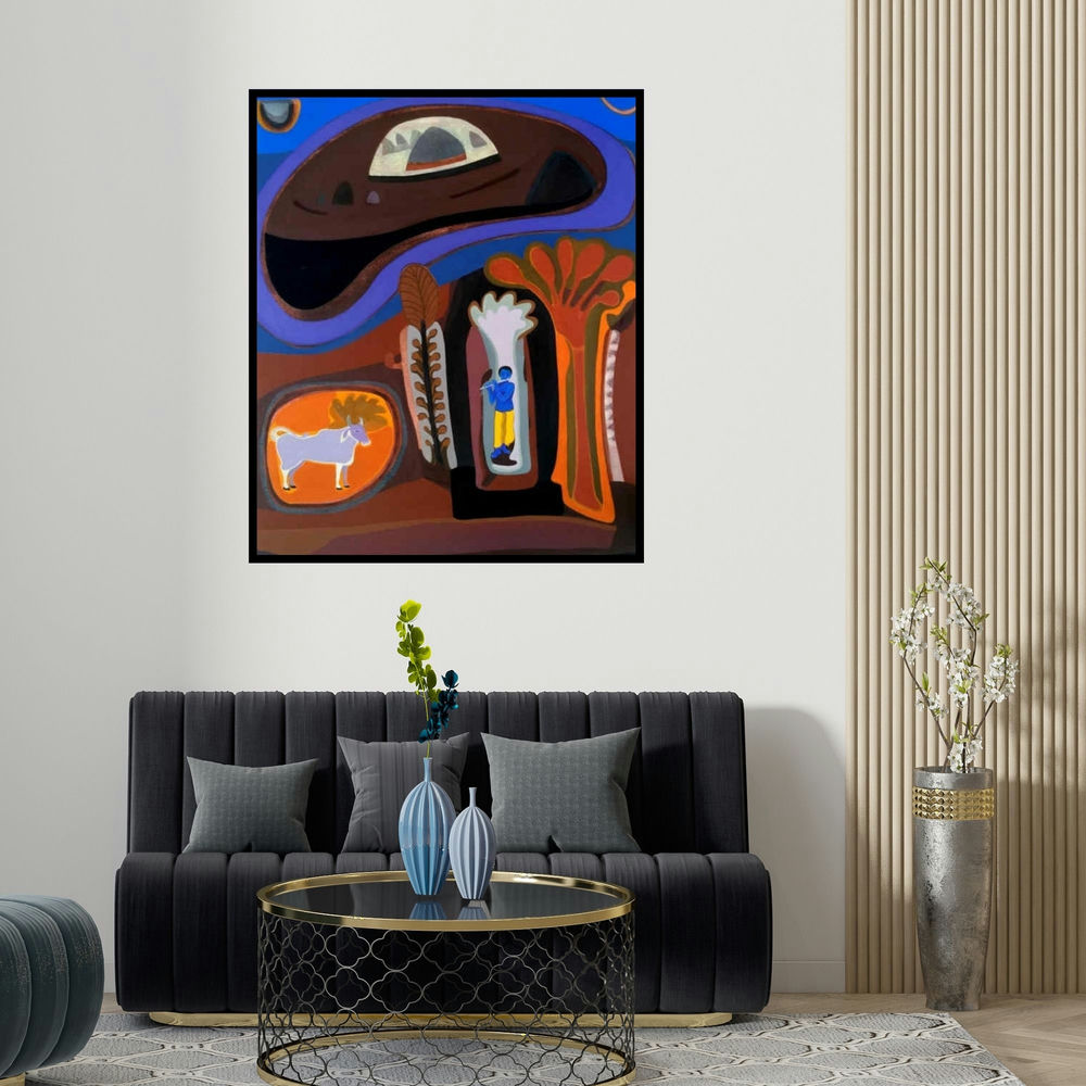'Krishna In The Holt (Melodies in the Cosmos)' painting by Rohit Joshi shown on a wall in a furnished room.