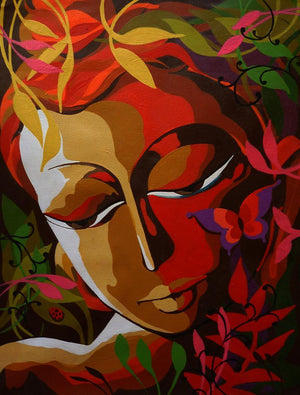 Krishna I (Slumbering in Nature's Embrace) by Dhananjay Mukherjee, Original Acrylic Religious Painting on Canvas, Small Vertical Wall Art