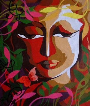 Krishna Ii (Nature's Countenance) by Dhananjay Mukherjee, Original Acrylic Religious Painting on Canvas, Small Vertical Wall Art