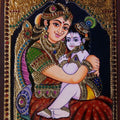 Religious tanjore traditional art titled 'Krishna Laddu Gopal with Yashoda', 24x18 inches, by artist VANI VIJAY on Plywood