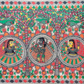 Religious madhubani traditional art titled 'Krishna Leela 2', 22x30 inches, by artist Mithilesh Jha on Paper