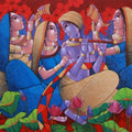 Religious acrylic painting titled 'Krishna Leela', 48x66 inches, by artist Sekhar Roy on Canvas
