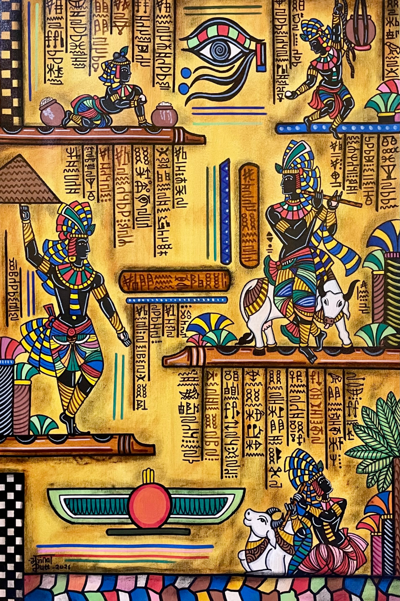 Krishna Leela In Egyptian Era' religious acrylic painting by artist Mrinal Dutt, 32x22 inch, on canvas