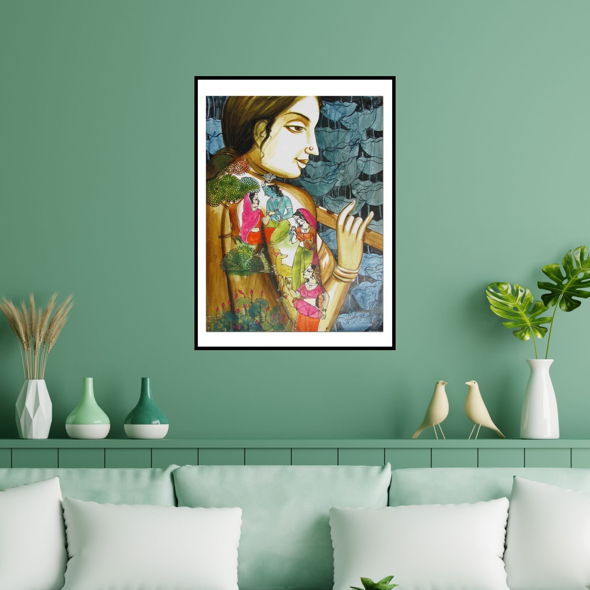 Preview of 'Krishna Leela Ii' Painting by Pradeep Swain shown on a wall in a furnished room.