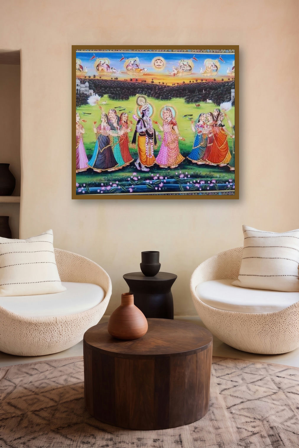 Krishna Meets Radha (Divine Embrace) by artist Rajendra Khanna displayed in a Designer gallery