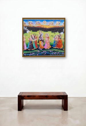 Krishna Meets Radha (Divine Embrace) by artist Rajendra Khanna displayed in a Mid-Century Modern Hotel Lobby
